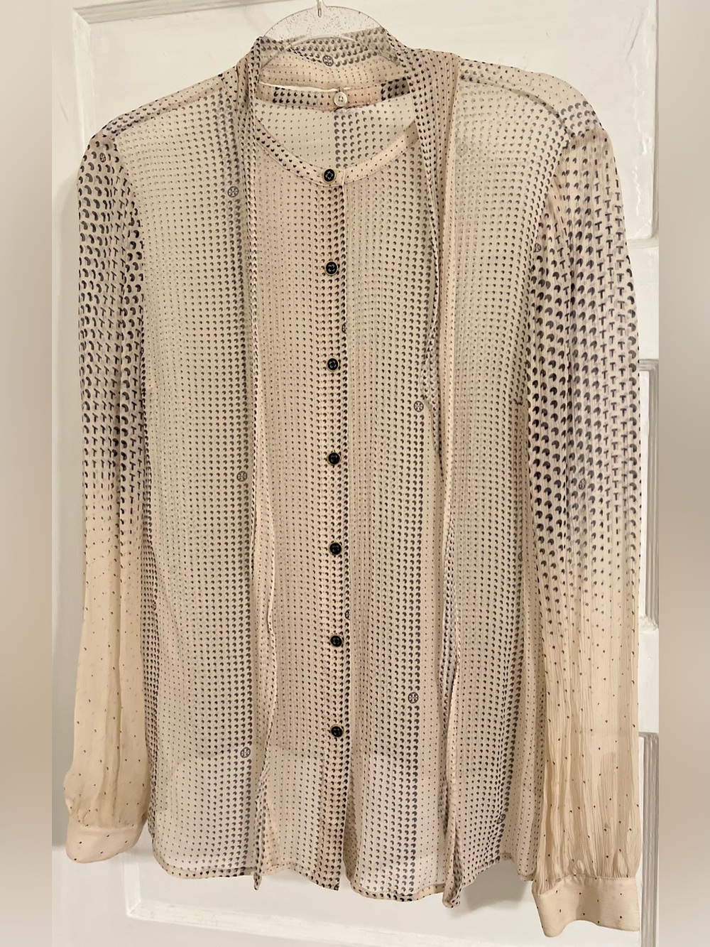 Tory Burch Cream Sheer Bow-Neck Blouse with Black Dot Stripe Logo on Buttons - Picture 2 of 13